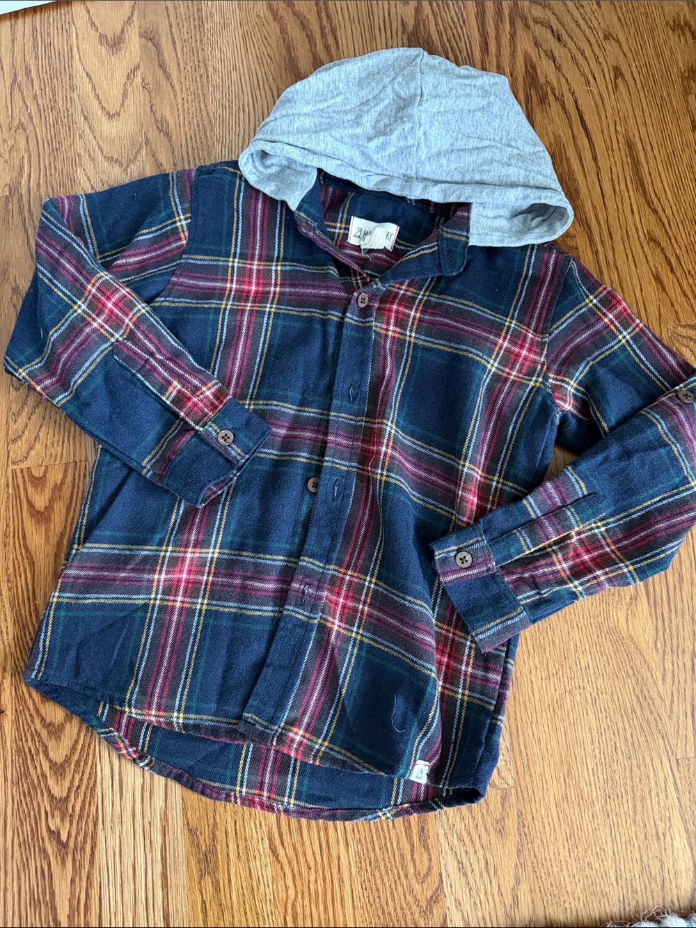 Kids Hooded Plaid Button-Down Shirt - Navy & Red